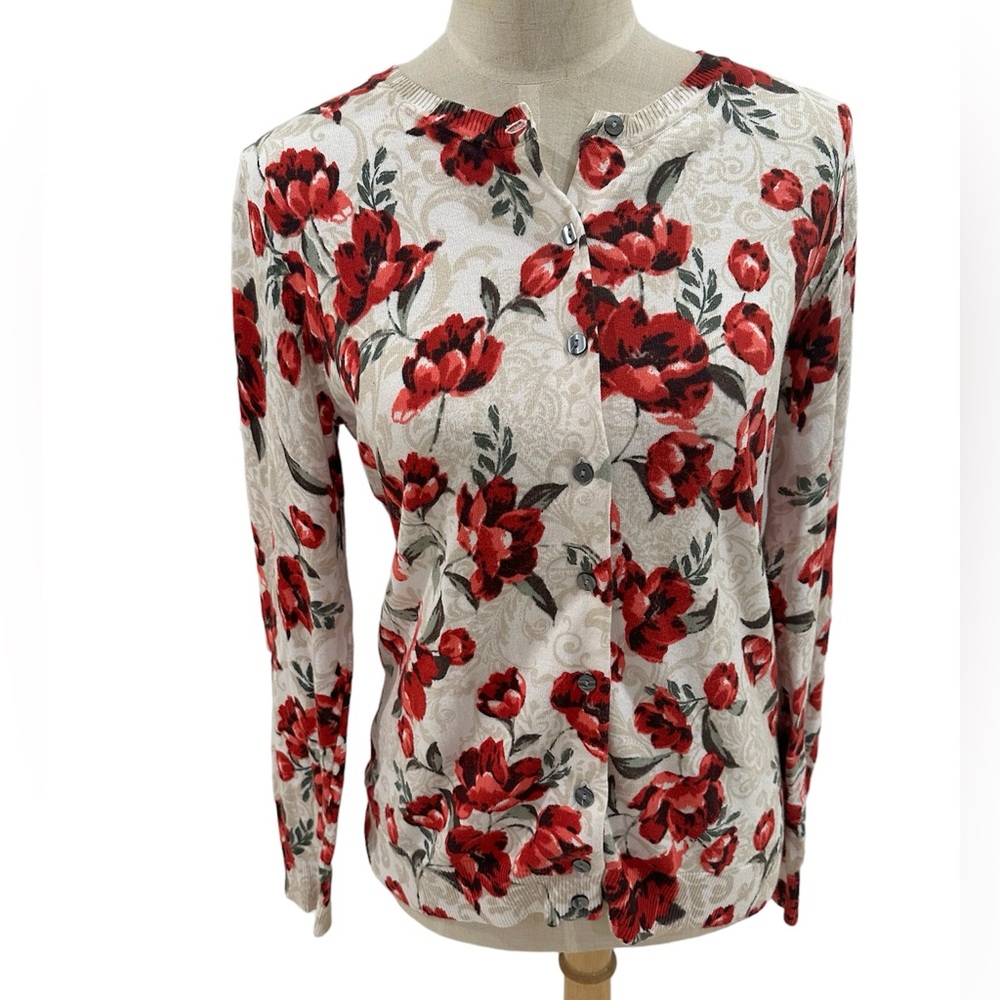 Karen Scott Red and Tan Floral Button Up Cardigan Sweater